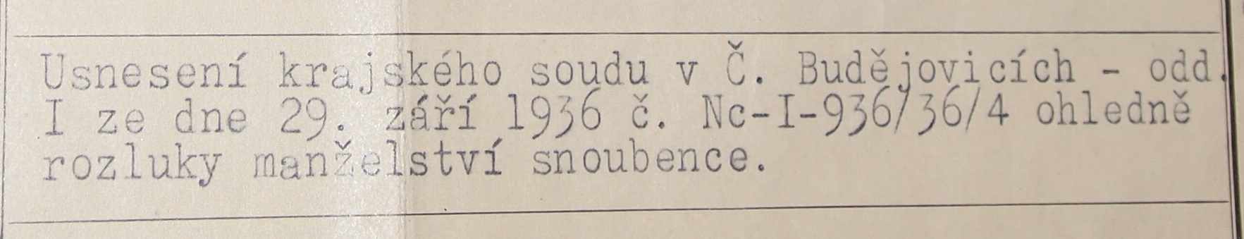 Usnesení krajského soudu v Č. Buďejovicích 29 9 1936 rozluka manželství Karel Bednář.jpg