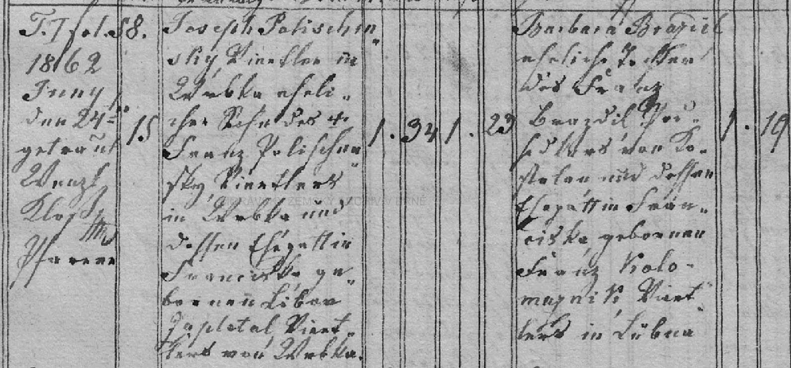 Sňatek Josef Polišenský a Barbara Brázdilová 24-6-1862 v Kostelanech enlarged.jpg